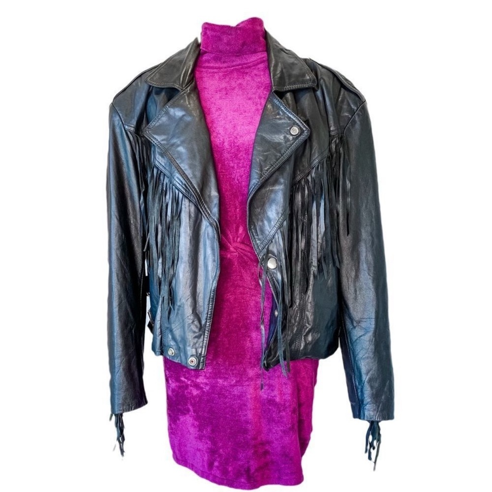 CHIA Fringe Leather Moto Biker Jacket With Buckles Size M